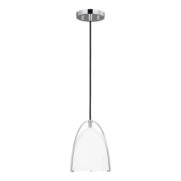 The Norman mini pendant delivers focused task lighting in a sleek chrome and matte white glass design. Its compact 6.25-inch profile makes it ideal for multiples over islands or as accent lighting in smaller spaces.