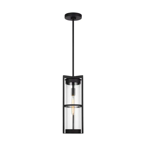 The Alcona outdoor pendant combines industrial charm with refined elegance through its clear fluted glass shade and floating glass effect created by the metal center ring. Perfect for creating a warm welcome at entryways.