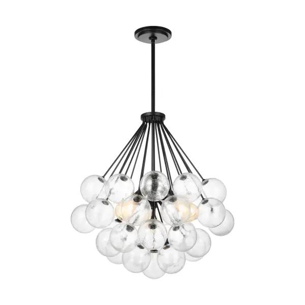 The Bronzeville pendant delivers authentic mid-century modern style with three hand-blown seeded glass globes that beautifully diffuse light. The Midnight Black finish and exposed filament bulbs create dramatic visual interest.