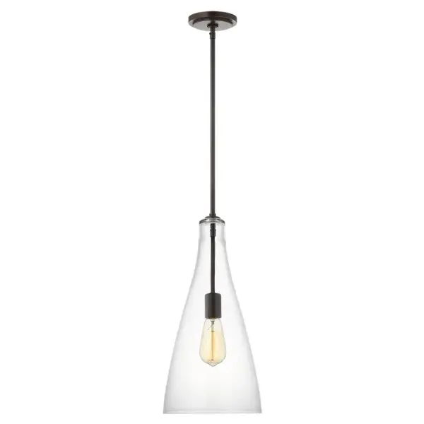 The Arilda pendant combines artisanal hand-blown clear glass with a spindle-inspired silhouette that pairs beautifully with Edison bulbs. Its compact 9-inch width makes it ideal for clustering or single installation.