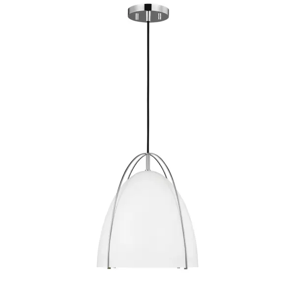 The Norman pendant delivers contemporary style with its polished chrome finish and matte white glass shade. Compact at 13.38 inches wide, it provides focused ambient lighting ideal for smaller dining areas and kitchen islands.