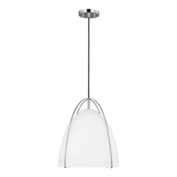 The Norman pendant by Sean Lavin delivers 800 lumens of warm LED light through a matte white glass shade, combining contemporary style with ENERGY STAR efficiency. Its compact 13-inch diameter makes it ideal for smaller spaces.