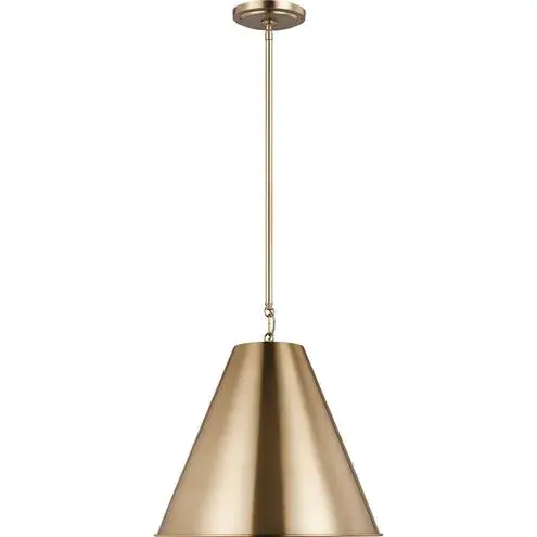 Thomas O'Brien's Gordon pendant exemplifies refined simplicity with its cone-shaped metal shade in satin brass. The focused downlight design and modern aesthetic make it ideal for task lighting over dining tables and kitchen islands.