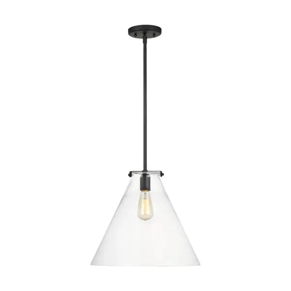 Thomas O'Brien's Kate pendant delivers timeless appeal with its flared clear glass cone and Midnight Black finish. The exposed bulb design and adjustable height make it adaptable to various spaces and styles.