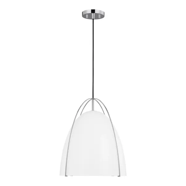 The Norman pendant delivers contemporary style with its polished chrome finish and matte white glass shade. At 15 inches wide, it's perfectly sized for smaller dining areas, kitchen islands, or entryways where clean lines matter.