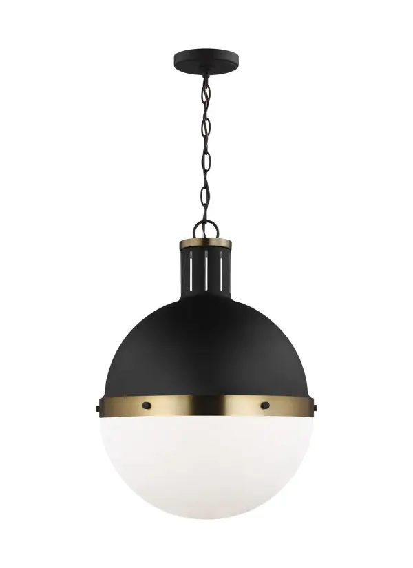 Thomas O'Brien's Hanks pendant delivers timeless mid-century style with a sophisticated Midnight Black finish and smooth white glass globe. The 16-inch diameter provides substantial presence without overwhelming spaces.