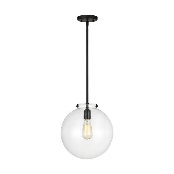 Thomas O'Brien's Kate pendant delivers timeless versatility with its flared clear glass cone and Midnight Black finish. The exposed bulb design showcases decorative filament bulbs beautifully, while adjustable hanging options ensure perfect placement.