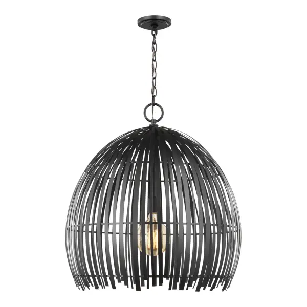The Hanalei pendant delivers modern sophistication with its midnight black steel construction and generous 24-inch scale. Its clean geometric form and adjustable hanging height make it adaptable to various ceiling heights and room configurations.