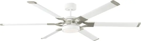 The Loft 62" ceiling fan delivers contemporary style with its clean matte white finish and brushed steel accents. Integrated LED lighting and glass shades provide efficient illumination while the large blade span ensures optimal air circulation.