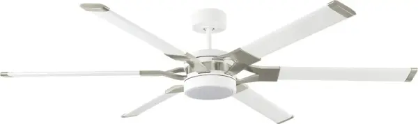 The Loft 62" ceiling fan delivers contemporary style with its clean matte white finish and brushed steel accents. Integrated LED lighting and glass shades provide efficient illumination while the large blade span ensures optimal air circulation. - alternate view