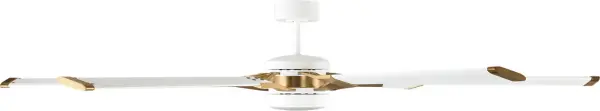 The Loft 72" ceiling fan combines substantial airflow capacity with modern aesthetics, featuring a clean matte white finish accented by warm burnished brass details. Integrated LED lighting provides energy-efficient illumination. - alternate view