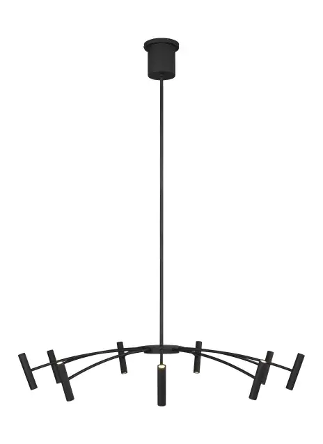 Sean Lavin's Aerial chandelier delivers sophisticated modern design with its symmetrical arched rods and cylindrical LED heads. The integrated LED provides efficient up/down illumination while the matte black finish adds bold contrast to contemporary spaces.