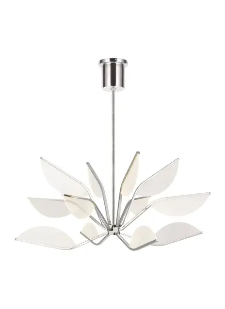 The Belterra chandelier brings organic elegance to modern spaces with its lotus flower-inspired design. Petal-shaped LED light guides create a sculptural statement while delivering exceptional illumination. The minimal frame and polished nickel finish offer versatility.