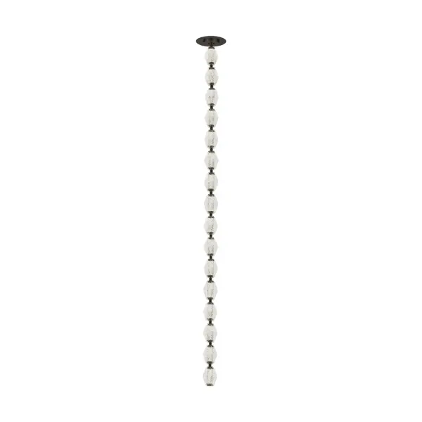 A luxurious statement piece featuring solid faceted Czech crystal and brass connectors. The Collier creates a dramatic vertical light sculpture perfect for high-ceiling spaces. Integrated LED provides warm, efficient illumination.