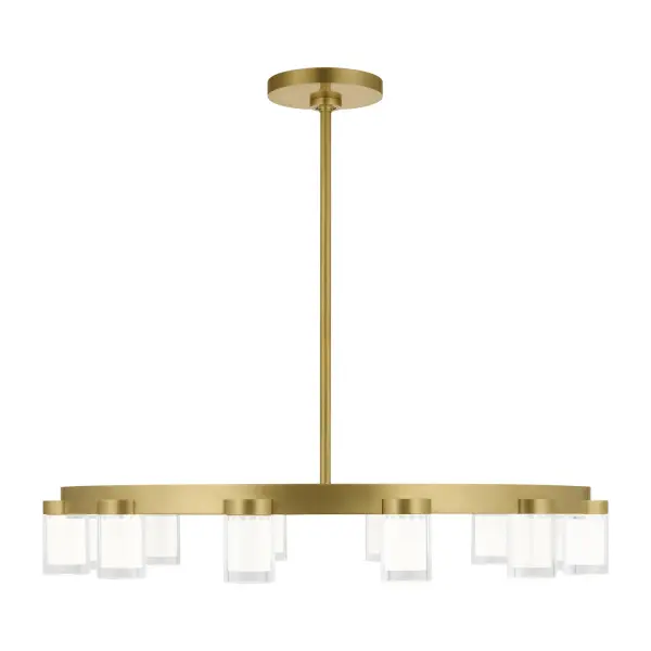Kelly Wearstler's Esfera chandelier is a striking study in geometric form, combining etched crystal prisms with clean brass framework. The 32-inch linear design works beautifully over dining tables and islands, delivering both ambient and decorative lighting.