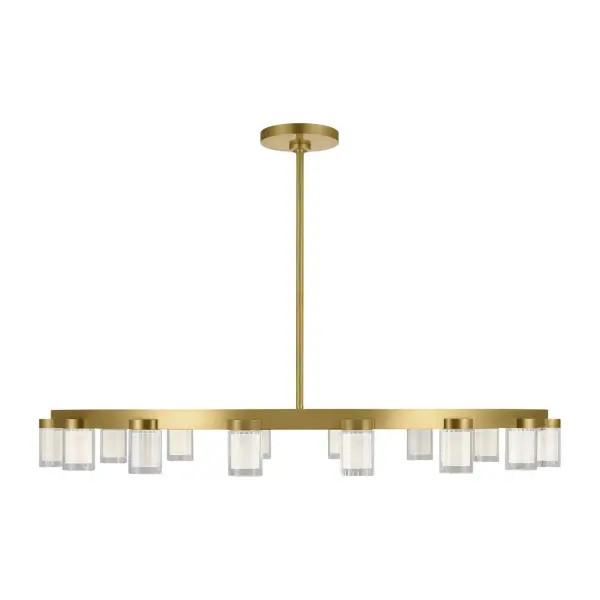 Kelly Wearstler's Esfera chandelier is a sophisticated linear fixture that commands attention with its geometric precision and luxurious materials. The interplay of etched crystal prisms and natural brass creates visual drama.