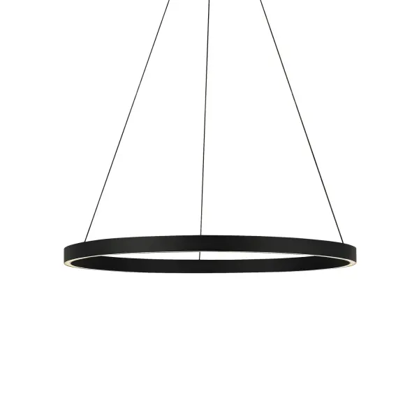 The Fiama by Sean Lavin reimagines the chandelier as a minimalist metal ring with integrated LEDs firing both up and down. Its ultra-slim 1.5-inch profile and 30-inch diameter create dramatic visual impact without overwhelming the space.