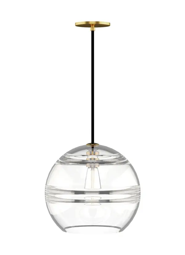 The Sedona pendant combines artisanal craftsmanship with modern efficiency. Its transparent smoke glass orb features hand-crafted interior bands that create visual depth, while the aged brass finish adds warmth. Ideal for clustering into custom chandeliers.