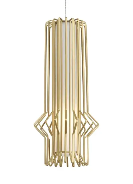 The Syrma Mini Pendant by Sean Lavin showcases meticulous craftsmanship with its multidimensional shade of precisely spaced machined metal rods. The integrated LED source creates beautiful light diffusion through the geometric structure, making it ideal for task and ambient lighting in compact spaces.