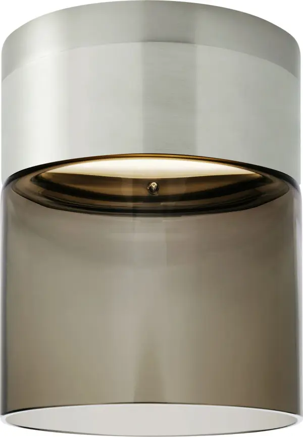 The Manette Small Flush Mount combines refined satin nickel finish with transparent smoke glass for a sophisticated, space-saving lighting solution. LED technology delivers warm 3000K illumination with excellent 90 CRI color rendering. - alternate view