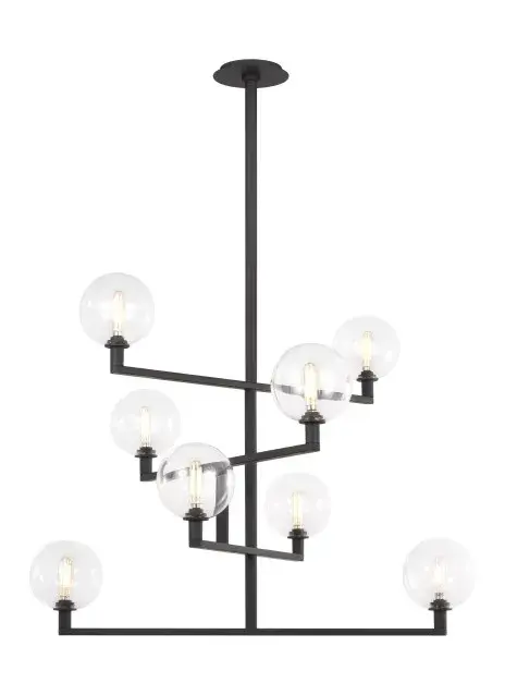 The Gambit chandelier combines elegant plated metal hardware with delicate borosilicate glass globes for a striking retro-inspired look. Its 8-light LED configuration delivers warm, dimmable illumination perfect for modern dining and living spaces.