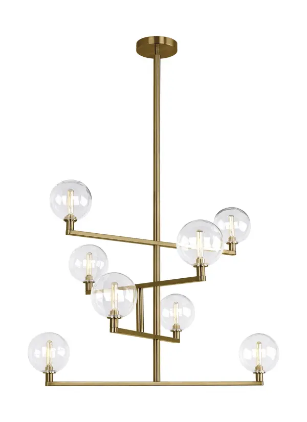The Gambit chandelier masterfully blends contemporary sophistication with mid-century charm through its eight dimmable LED globes and aged brass finish. The mixed materials create visual interest while the linear form suits modern dining and kitchen spaces.