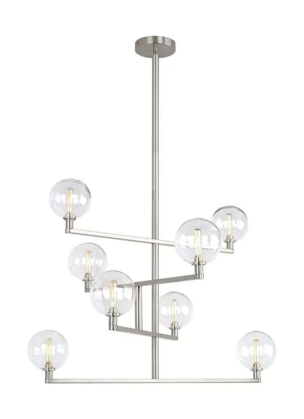 The Gambit LED chandelier combines mixed materials and warm LED lighting in a striking linear design. Eight dimmable LED globes provide ample illumination while the satin nickel finish adds refined elegance to modern interiors.