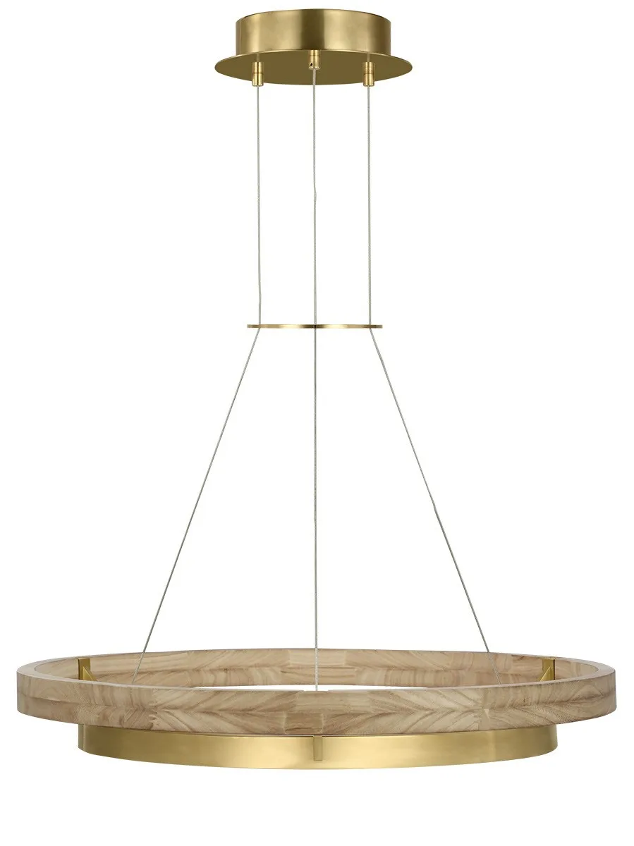 Grace LED Chandelier in Hand Rubbed Antique Brass with Natural Oak