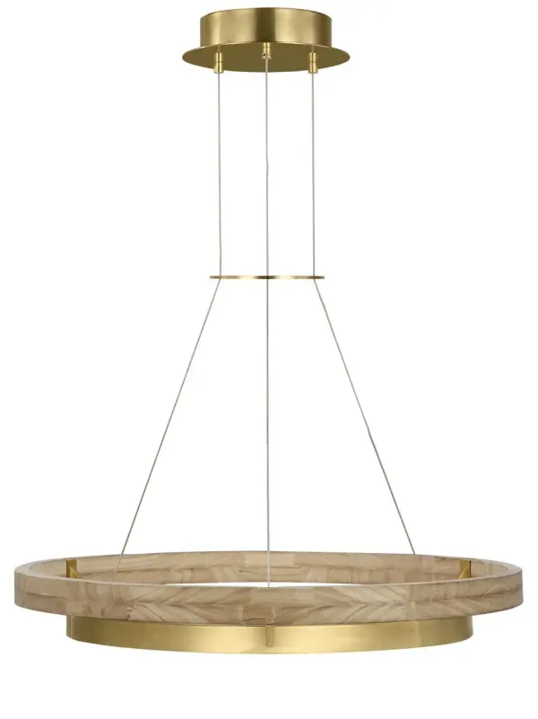 The Grace chandelier combines modern LED technology with natural materials in a striking dual-ring design. The weathered oak outer ring provides organic warmth while the inner ring delivers efficient, dimmable illumination with excellent color rendering.
