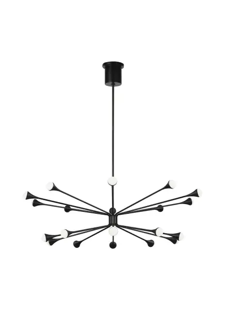 The Lody chandelier by Sean Lavin delivers dramatic visual impact with 20 orbed diffusers arranged in two concentric rings. Its 48-inch span and integrated LED technology make it perfect for large dining rooms and living spaces seeking a retro-modern focal point.