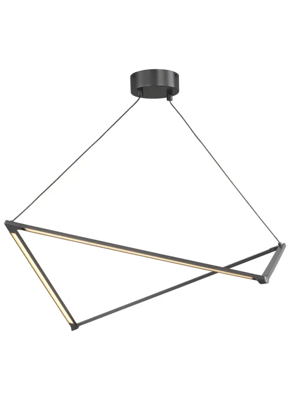 The Balto delivers contemporary sophistication with its distinctive triangular cable suspension and interweaving aluminum lines that emit light from multiple angles. Its geometric silhouette and gunmetal finish create visual interest while providing functional illumination.