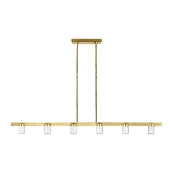A stunning 60-inch linear suspension that combines geometric precision with organic warmth. The etched crystal prisms create dimensional light play while the natural brass framework adds sophisticated glamour.