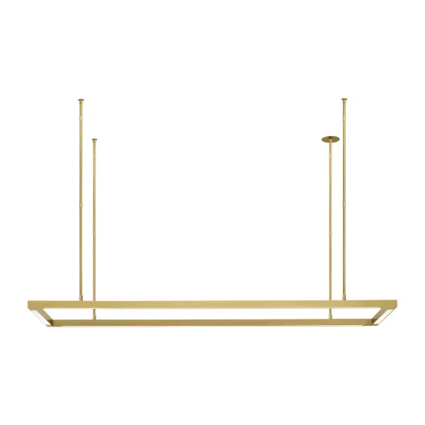 Designer Mick De Giulio's Stagger LED Linear Suspension delivers sophisticated illumination with its 50-inch rectangular frame in warm Natural Brass. The slender profile and integrated LED technology create dramatic yet refined lighting.