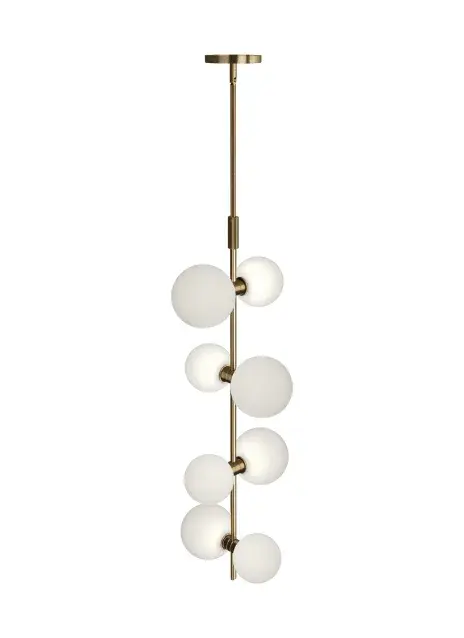 The ModernRail LED Pendant combines contemporary design with practical functionality. Eight integrated LED globes or cylinders provide generous illumination while the aged brass finish adds warmth and sophistication to any space.