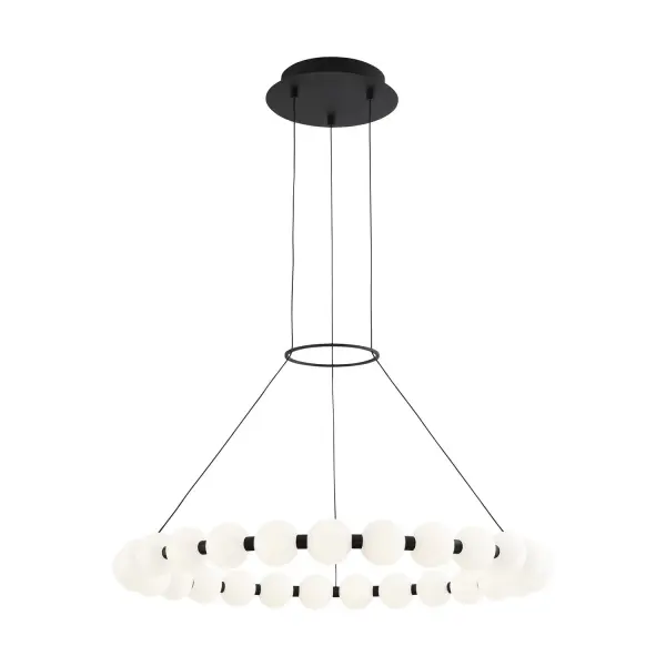 Sean Lavin's Orbet reimagines the classic ring chandelier with milk-glass orbs and metal spacers. The integrated LED delivers warm, diffused light perfect for dining and entertaining spaces. A sophisticated choice for modern interiors.