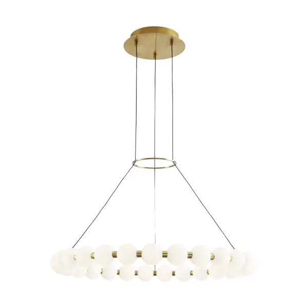 Sean Lavin's Orbet chandelier reimagines the classic ring form with milk-glass orbs and metal spacers. The integrated LED delivers warm, diffused light perfect for dining and entertaining spaces. Natural brass finish adds warmth.