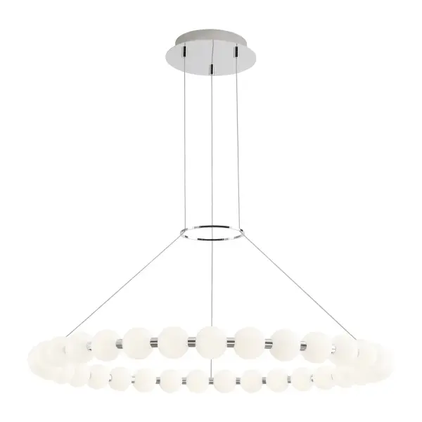 The Orbet chandelier reimagines the classic ring design with contemporary flair. Milk-glass orbs soften the integrated LED light while polished nickel accents add refined contrast. Perfect for modern dining rooms and grand foyers.