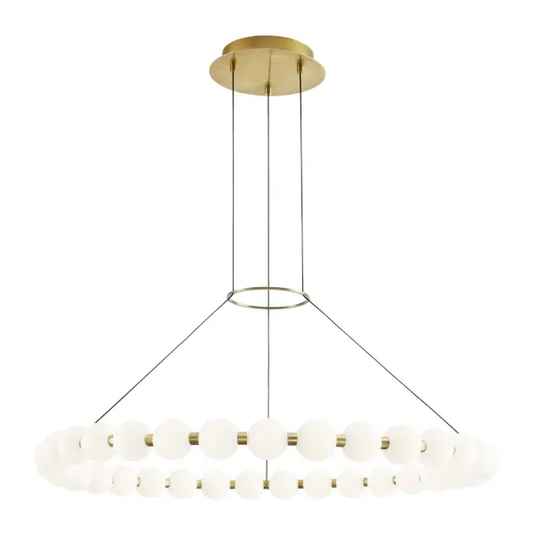 Sean Lavin's Orbet chandelier reimagines the classic ring form with milk-glass orbs and metal spacers. The integrated LED delivers warm, diffused light perfect for dining and entertaining spaces. Natural brass finish adds warmth.