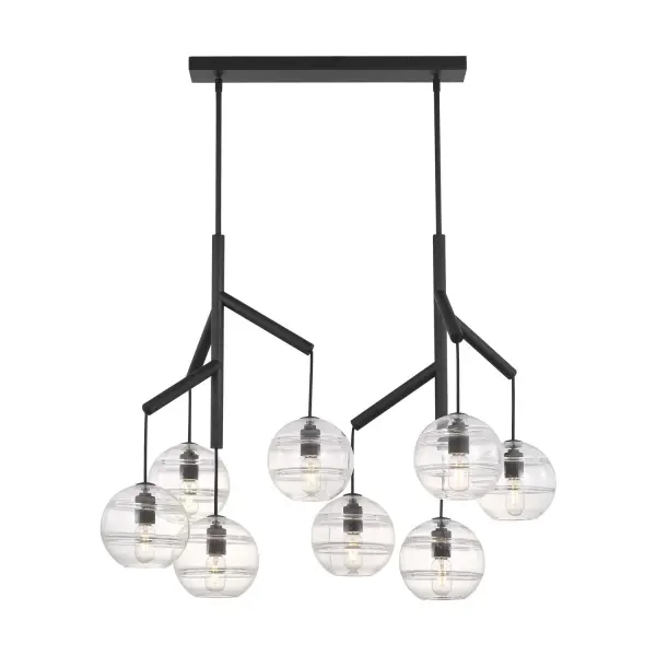 The Sedona redefines the linear chandelier with its deconstructed design featuring eight spherical glass orbs suspended from a sleek central hub via textured cloth cords. Artisan-crafted glass with interior banding creates visual depth and dimension.