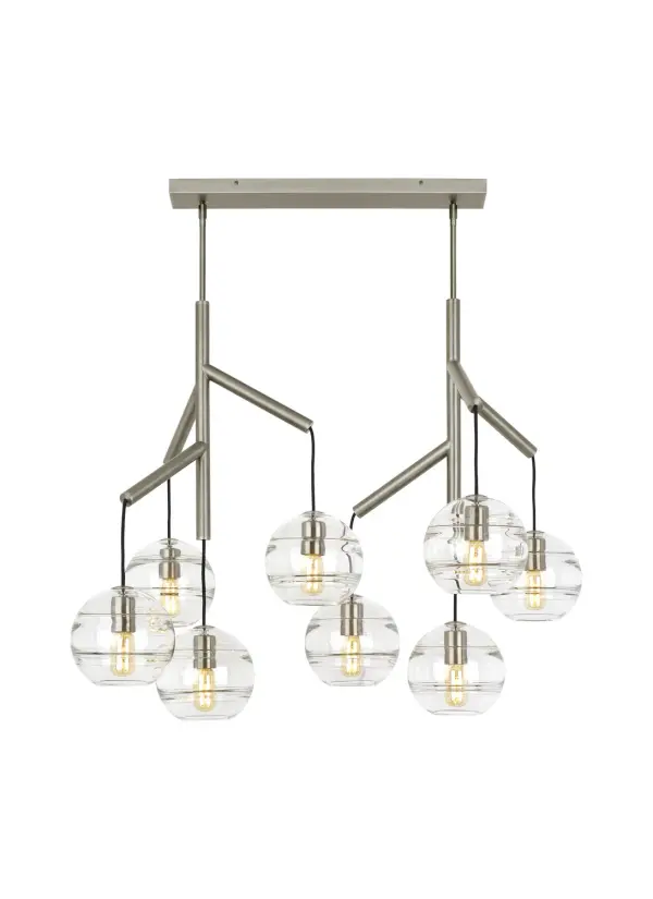 The Sedona chandelier reimagines traditional lighting with eight spherical glass orbs suspended from a sleek central hub via textured cloth cords. Each orb features artisan-crafted interior glass bands that add depth and visual intrigue, making it a striking focal point for contemporary spaces.