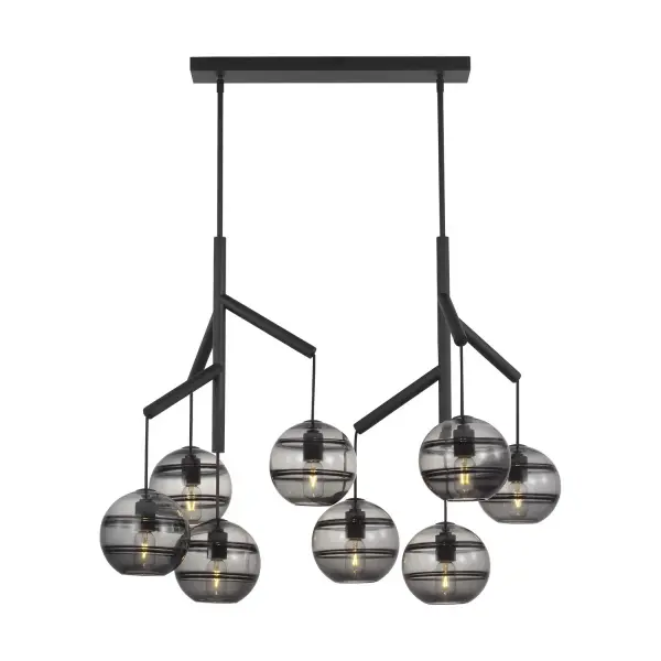 The Sedona redefines the linear chandelier with its deconstructed design featuring eight handcrafted glass orbs suspended from a sleek central hub. The transparent smoke glass spheres showcase artisan-crafted interior banding that creates dimensional visual interest, while the nightshade black finish and textured cloth cords add sophisticated contrast.