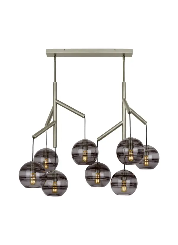 The Sedona redefines chandelier design with four transparent glass orbs suspended from a sleek central hub via textured cloth cords. Each orb features artfully crafted interior glass bands that add depth and visual intrigue. Perfect for contemporary spaces seeking statement lighting.