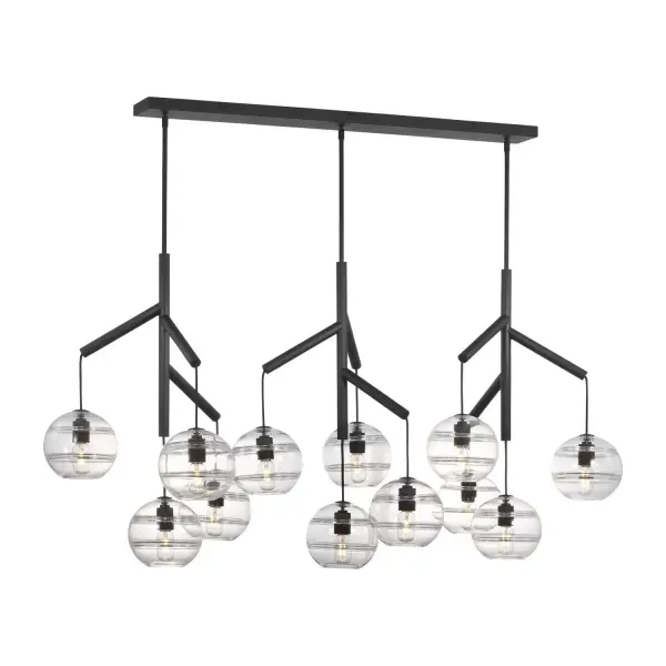 The Sedona Triple is a striking deconstructed chandelier featuring 12 handcrafted glass orbs suspended from a sleek central hub. Its 62.5-inch linear span and artisan-crafted glass with interior banding create dramatic visual interest perfect for modern spaces.