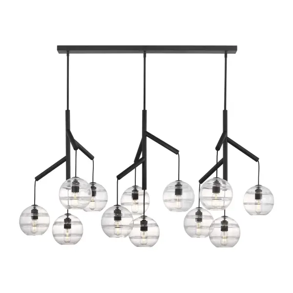 A striking deconstructed chandelier featuring 12 spherical glass orbs suspended from a sleek central hub via textured cloth cords. The artisan-crafted glass with interior banding creates dimensional visual interest perfect for contemporary spaces.