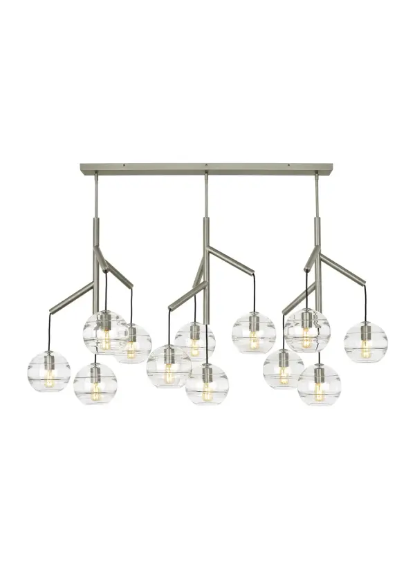 The Sedona brings architectural drama with 12 handcrafted glass orbs suspended from a sleek central hub via textured cloth cords. Interior glass banding adds depth and visual interest, while the deconstructed design creates a striking focal point.