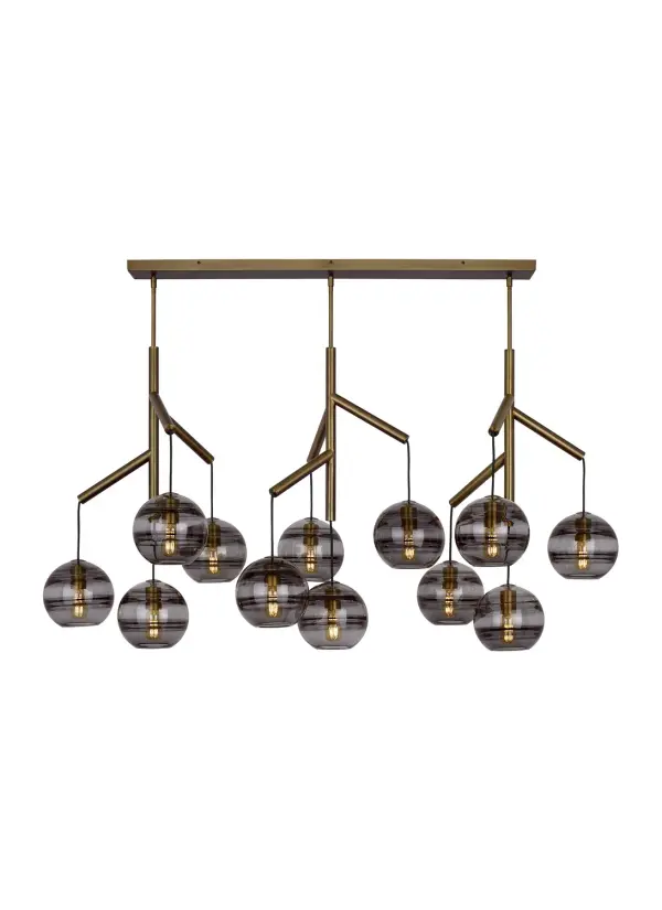 A striking deconstructed chandelier featuring twelve transparent glass orbs suspended from a sleek central hub via textured cloth cords. The artisan-crafted glass with interior banding creates dimensional visual interest.