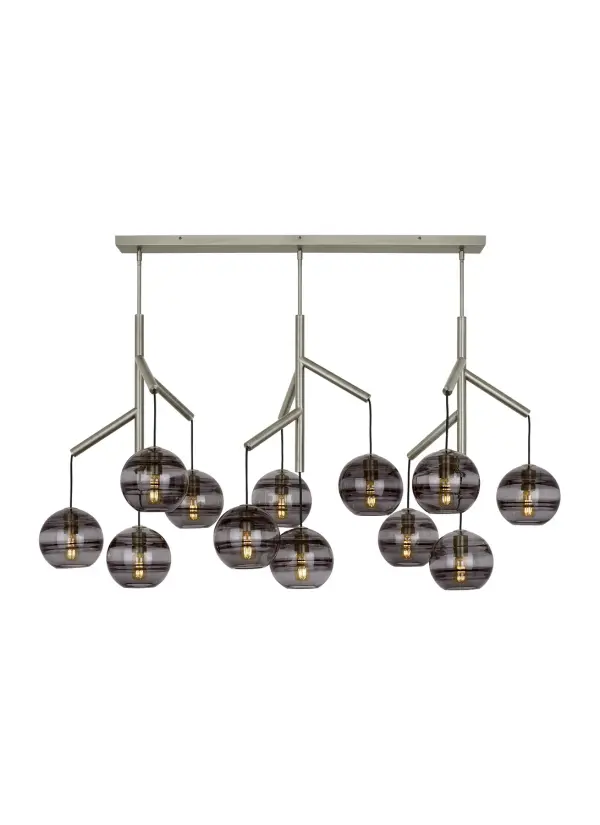 The Sedona brings architectural drama with 12 handcrafted glass orbs suspended from a sleek central hub. Designer Sean Lavin's deconstructed approach creates visual interest through textured cloth cords and artisan glass with interior banding.