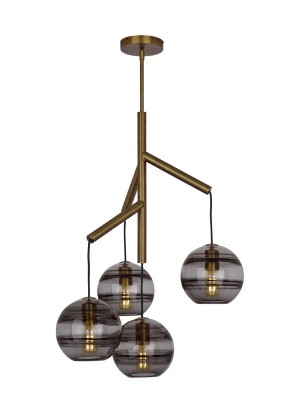 The Sedona redefines the chandelier with four handcrafted glass orbs suspended from a sleek central hub via textured cloth cords. Each sphere features artfully thickened interior glass bands that create dimensional visual interest while maintaining a clean exterior. The aged brass finish adds warmth to the contemporary design.