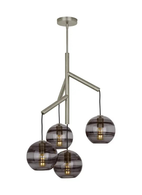 The Sedona chandelier reimagines traditional lighting with four handcrafted glass spheres suspended from a sleek central hub via textured cloth cords. Each orb features artfully thickened interior glass bands that create dimensional visual interest while maintaining a clean, contemporary silhouette.