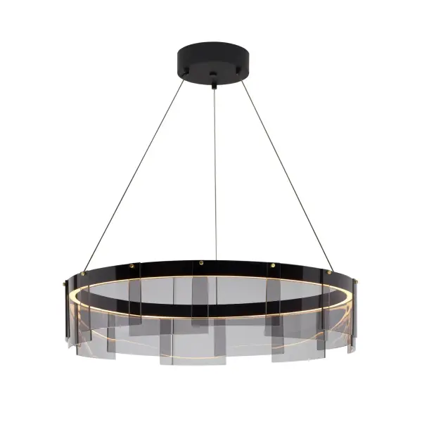 The Stratos brings architectural sophistication with overlapping curved glass panes that create visual depth while diffusing integrated LED light. Its ultra-slim 7-inch profile and 30-inch width make it versatile for both residential and commercial spaces.
